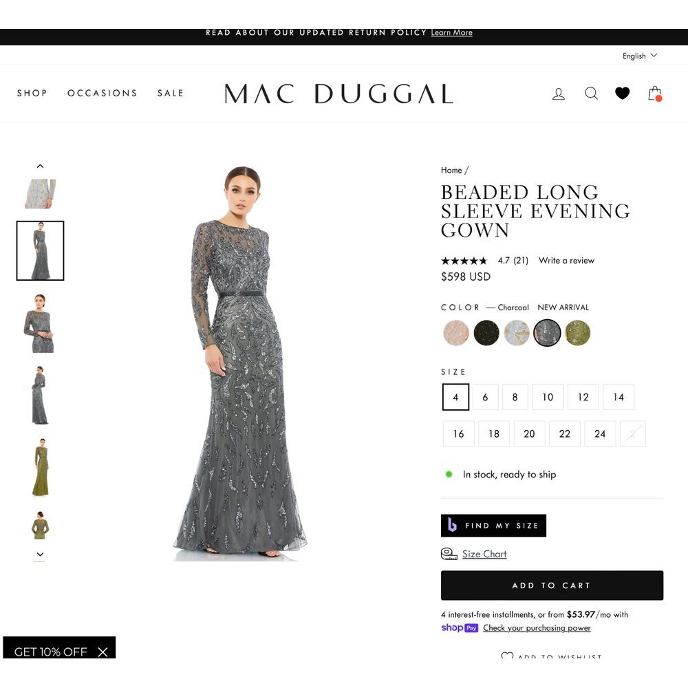 NWT $598 Mac Duggal [ 14 ] Beaded Long Sleeve‎ Evening Gown in Charcoal #S1107 - Picture 3 of 13